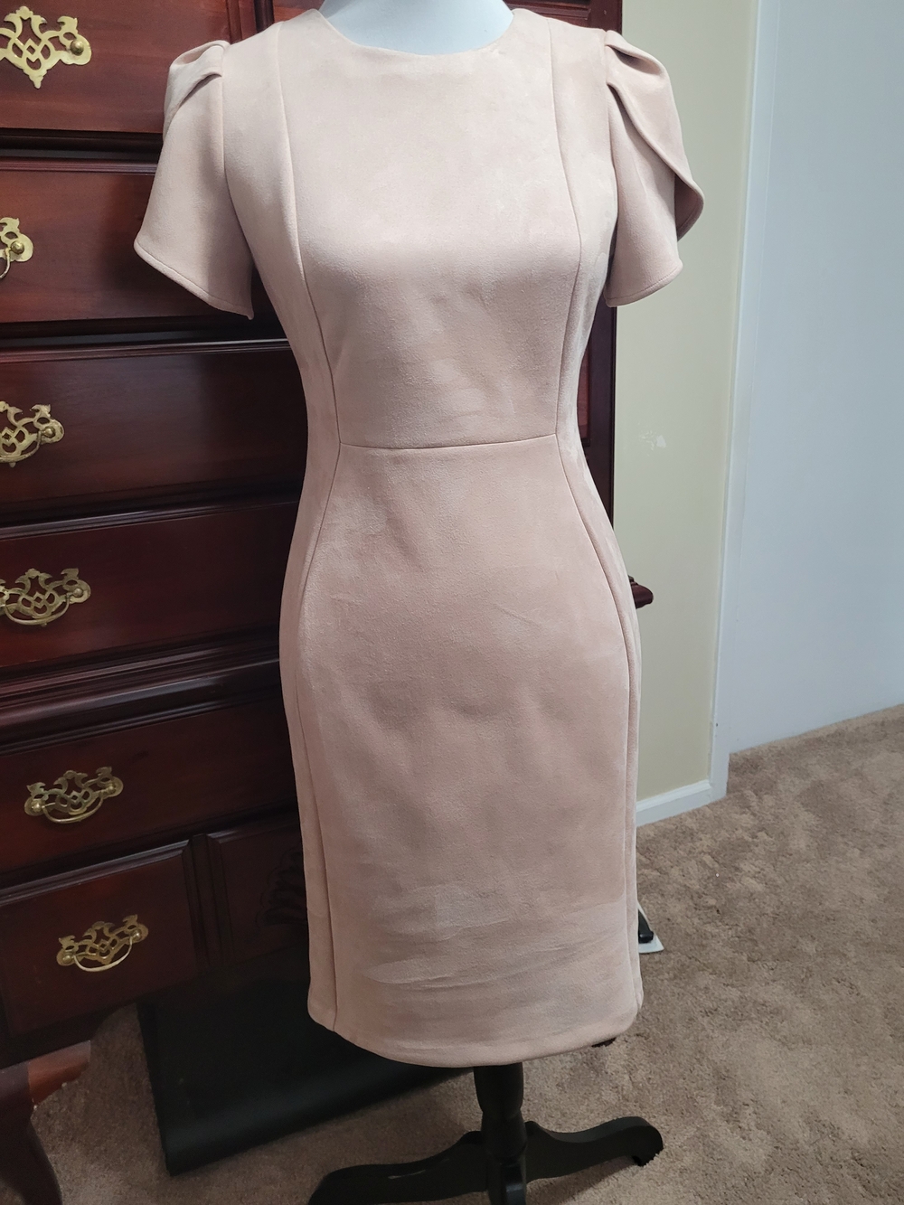 Calvin Klein Blush Midi Sheath Dress with Puff Sleeves